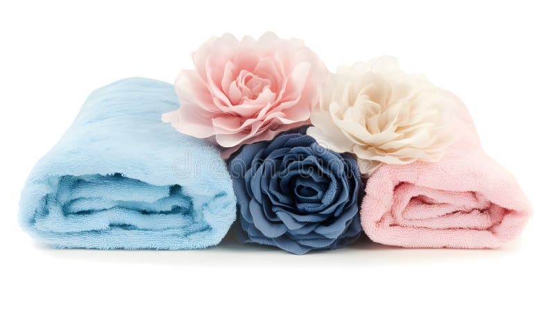 Folded soft terry towels with beautiful flowers on white background royalty free stock photography