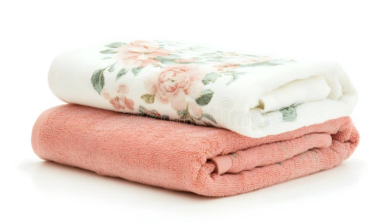 Folded soft terry towels with beautiful flowers on white background royalty free stock images
