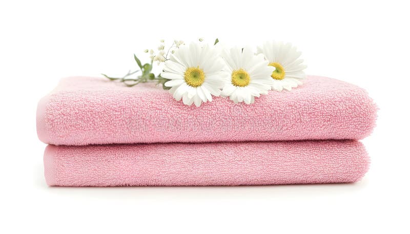 Folded soft terry towels with beautiful flowers on white background stock photography