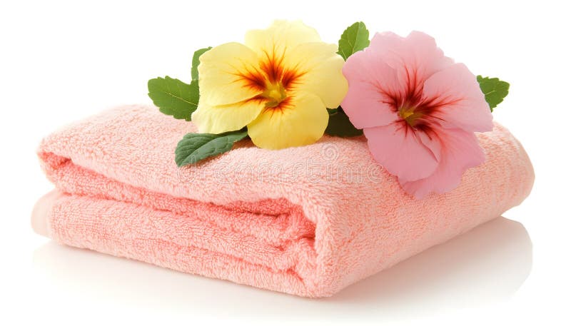 Folded soft terry towels with beautiful flowers on white background royalty free stock photography
