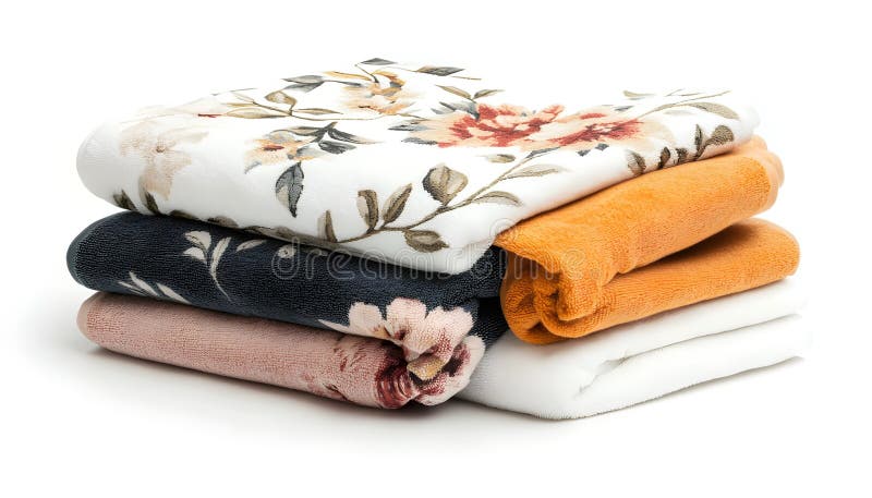 Folded soft terry towels with beautiful flowers on white background royalty free stock photos
