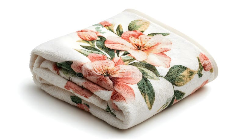 Folded soft terry towels with beautiful flowers on white background stock image