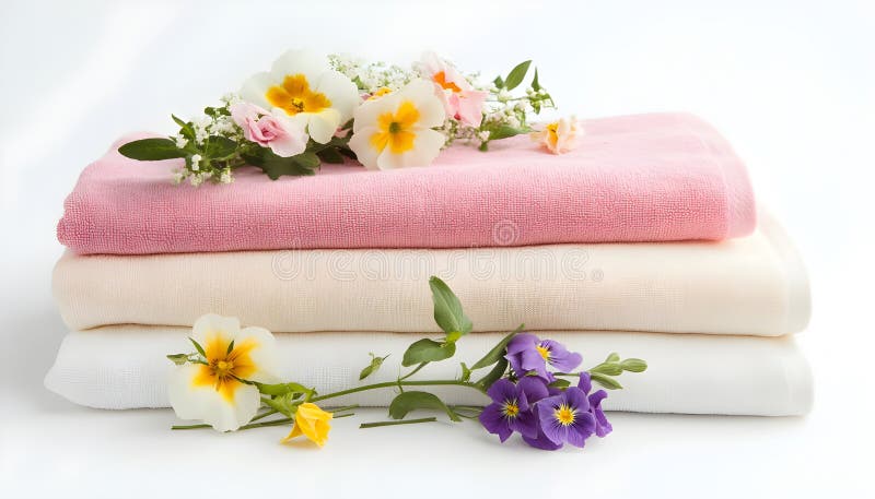 Folded soft terry towels with beautiful flowers on white background royalty free stock images