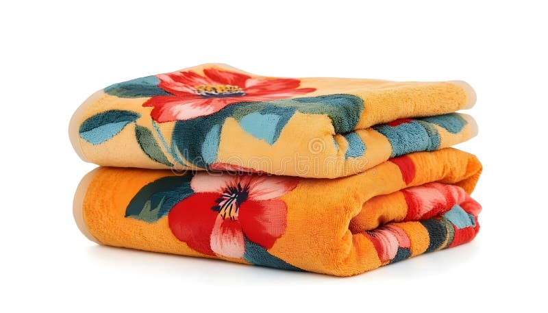 Folded soft terry towels with beautiful flowers on white background stock photos