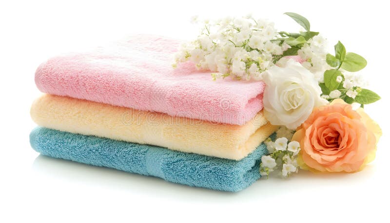 Folded soft terry towels with beautiful flowers on white background royalty free stock images