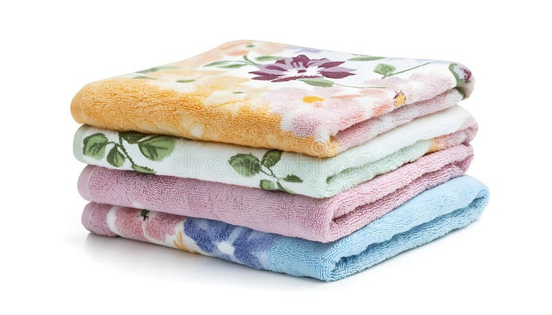 Folded soft terry towels with beautiful flowers on white background stock image