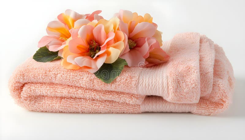 Folded soft terry towels with beautiful flowers on white background stock image