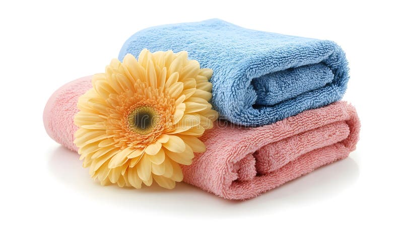 Folded soft terry towels with beautiful flowers on white background royalty free stock photo