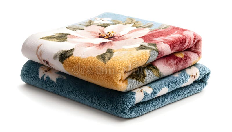 Folded soft terry towels with beautiful flowers on white background royalty free stock photos