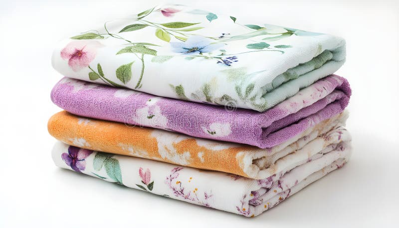 Folded soft terry towels with beautiful flowers on white background stock photography