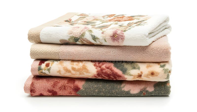 Folded soft terry towels with beautiful flowers on white background royalty free stock images