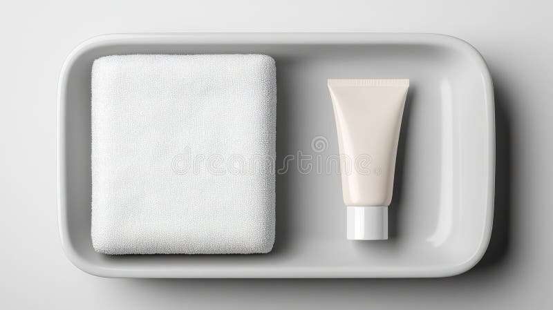 A folded white towel rests on the edge of a rectangular bathtub, accompanied by a small cream tube, all set against a bright, pristine white background. AI generated