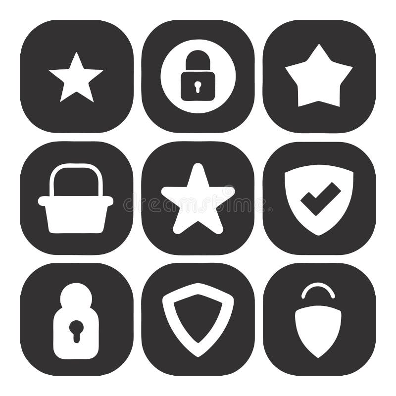 This minimalist icon set features clean vector designs of stars, locks, shields, and baskets�all enclosed in rounded square frames. Perfectly suited for mobile app UI, website dashboards, or digital products requiring secure, stylish elements. With bold monochrome shapes and flat modern aesthetics, these icons ensure clarity, consistency, and visual appeal in any digital interface. Optimized for microstock platforms like Shutterstock, Adobe Stock, and Freepik, this pack is ideal for developers, designers, and creators looking for SEO-ready, scalable symbols. Rounded star outline vectors