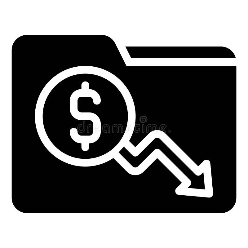 Folder with coin and decrease arrow icon, Bankruptcy related vector illustration. Coin decrease vectors