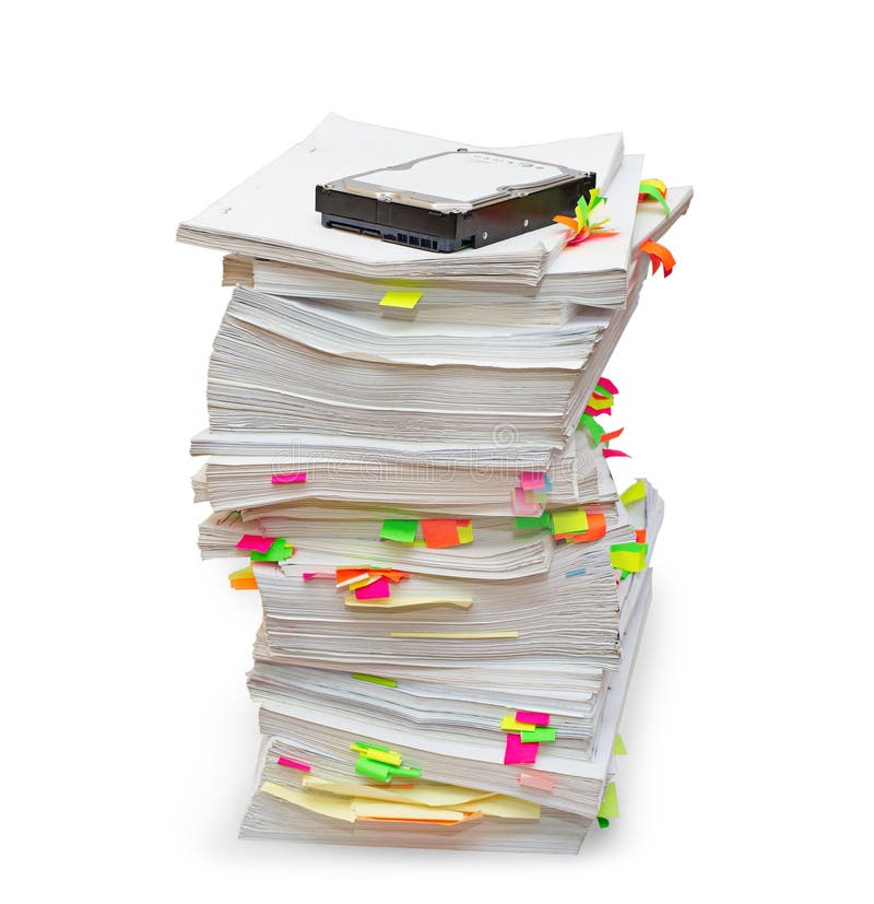 Folders of documents with a hard disk stock image