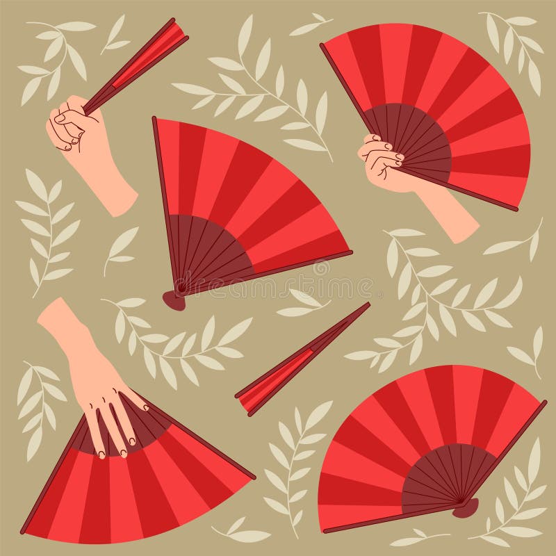 Folding Asian Red Hand Fans Set, Open and Close View, with hand royalty free illustration