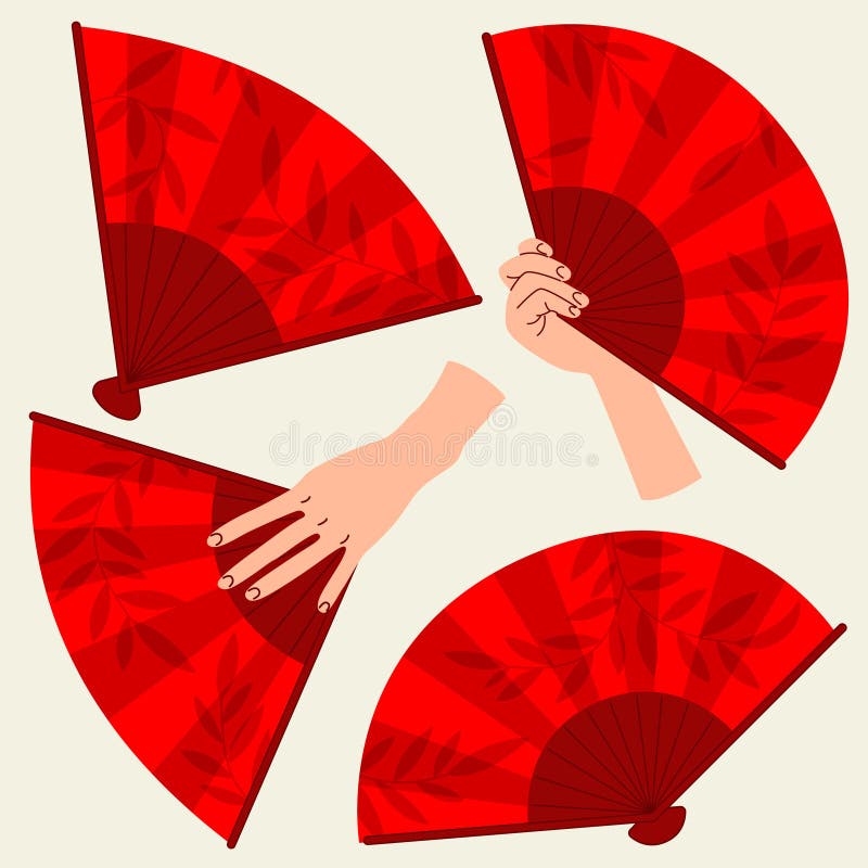 Folding Asian Red Hand Fans Set, Open and Close View, with hand stock illustration