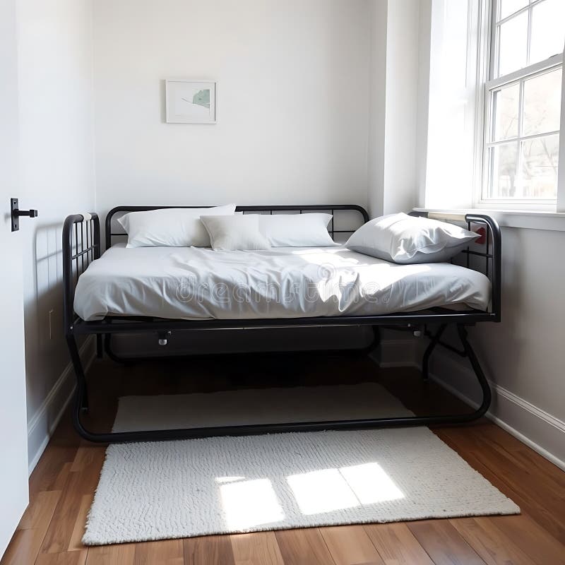 A Folding Bed Frame in a Small Guest Room with Modern Bedding