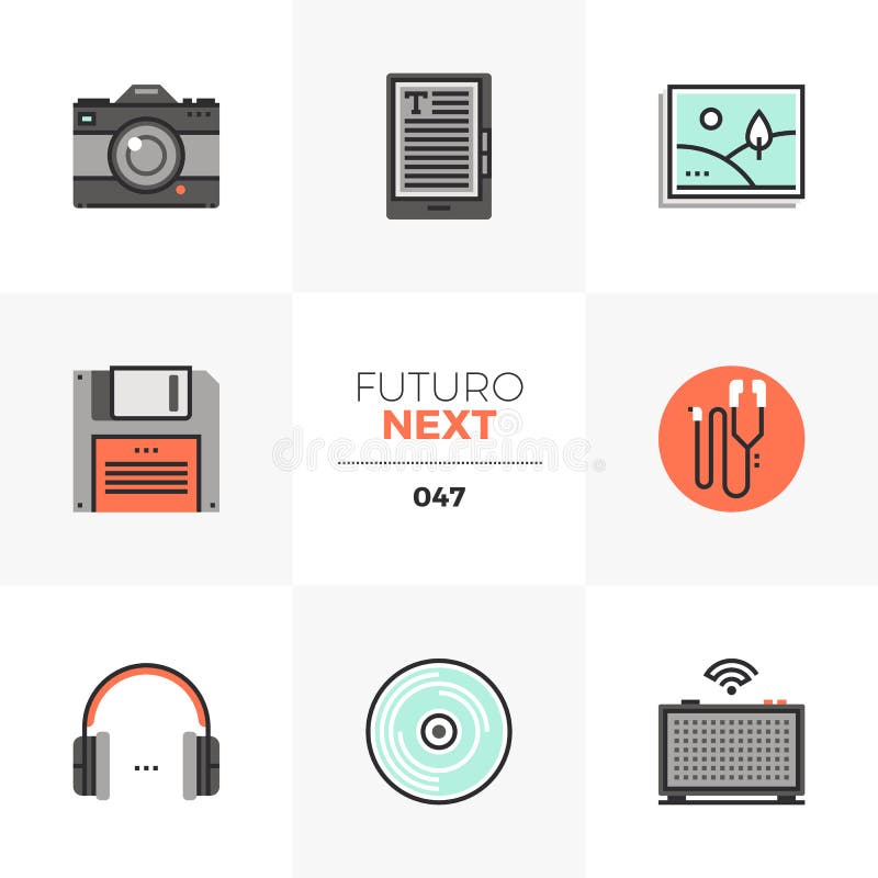 Semi-flat icons set of multimedia devices, photo camera, headphones. Unique color flat graphics elements with stroke lines. Premium quality vector pictogram concept for web, logo, branding, infographics. Semi-flat icons set of multimedia devices, photo camera, headphones. Unique color flat graphics elements with stroke lines. Premium quality vector pictogram concept for web, logo, branding, infographics.