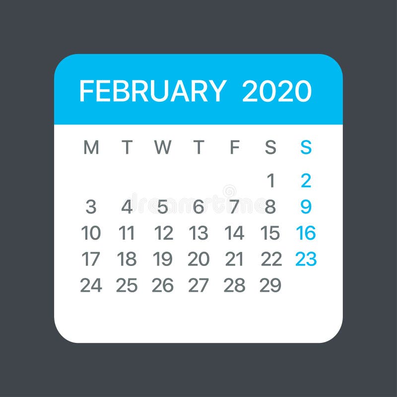 Folha de calendário de fevereiro de 2020 - Ilustração gráfica de modelo de vetor