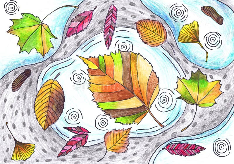 Colored autumn leaves lie on puddles. Children `s drawing, mixed technique. Colored autumn leaves lie on puddles. Children `s drawing, mixed technique.