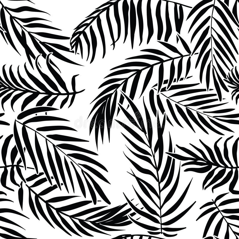 Folhas de palmeira pretas no fundo branco Teste padrão sem emenda do vetor da silhueta tropical Folhas de palmeira pretas no fundo branco Teste padrão sem emenda do vetor da silhueta tropical