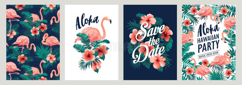 Folhas de palmeira tropicais do verão com as flores exóticas do flamingo e do hibiscus Moldes do vetor Elemento do projeto para o ilustração stock Folhas de palmeira tropicais do verão com as flores exóticas do flamingo e do hibiscus Moldes do vetor Elemento do projeto para o ilustração stock