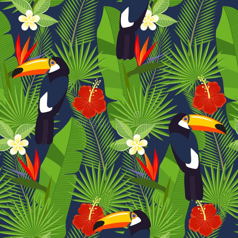 Folhas e flores tropicais sem emenda - palma, monstera, hibiscus e plumeria, reginae do strelitzia e pássaros tropicais ilustração stock Folhas e flores tropicais sem emenda - palma, monstera, hibiscus e plumeria, reginae do strelitzia e pássaros tropicais ilustração stock
