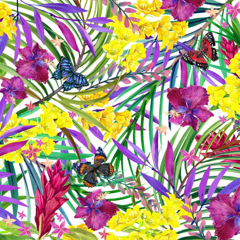 Folhas, flores e borboleta tropicais ilustração do vetor Folhas, flores e borboleta tropicais ilustração do vetor