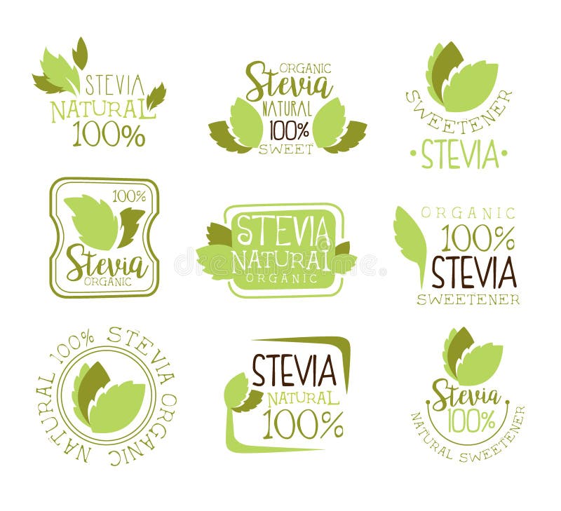 Folhas naturais de Logo Design Templates With Plant da cor do aditivo e do Sugar Substitute Set Of Green do edulcorante do alimen ilustração do vetor Folhas naturais de Logo Design Templates With Plant da cor do aditivo e do Sugar Substitute Set Of Green do edulcorante do alimen ilustração do vetor