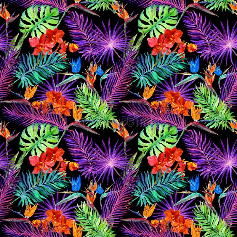 Folhas tropicais, flores exóticas no fulgor de néon Repetindo o teste padrão havaiano watercolor