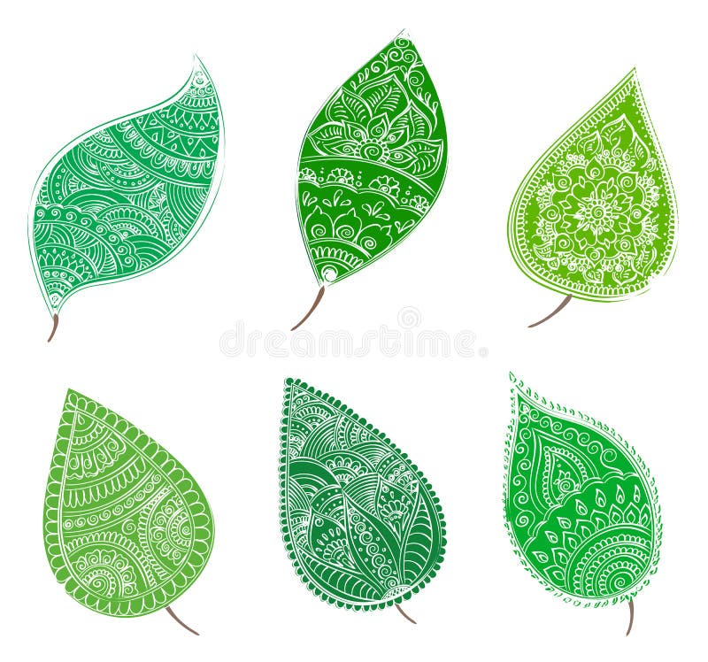 Folhas verdes com testes padrões da hena ilustração royalty free