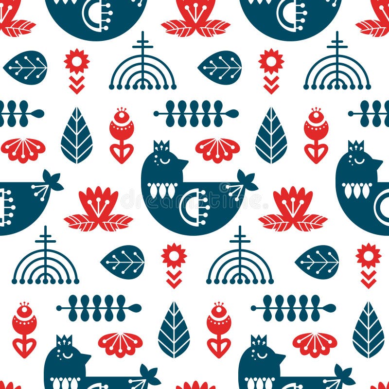 Folk art seamless pattern with bird and floral elements.