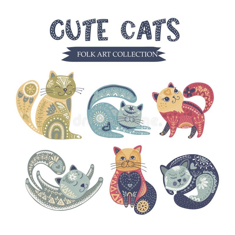 Folk art vector cat set.