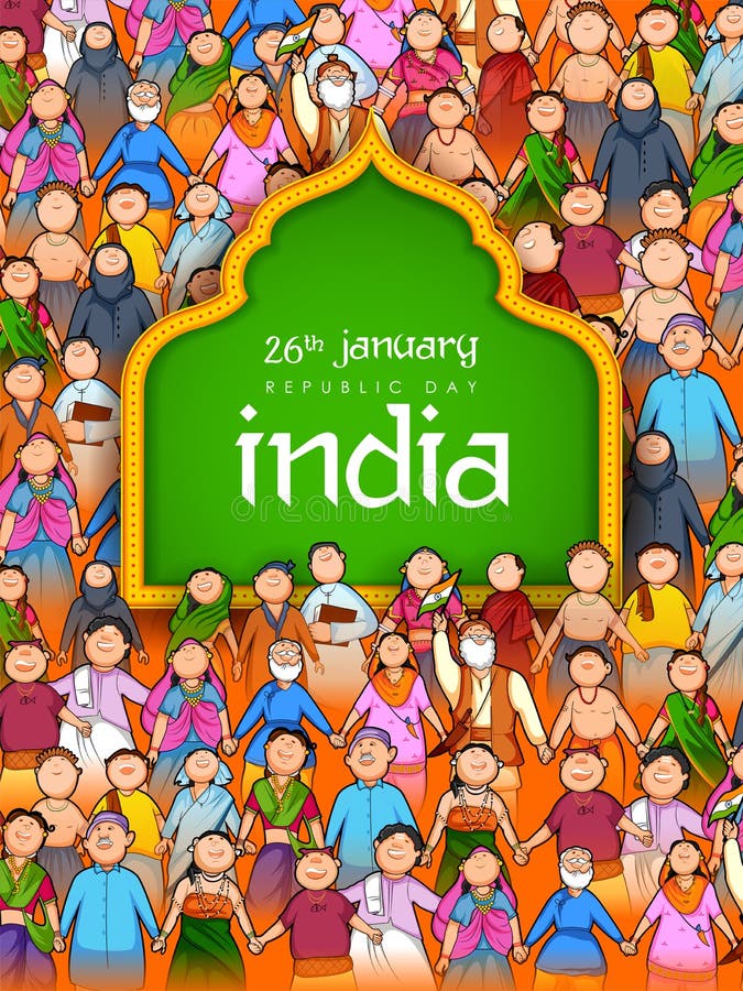 Folk av den olika religionen som visar enhet i mångfald på lycklig republikdag av Indien