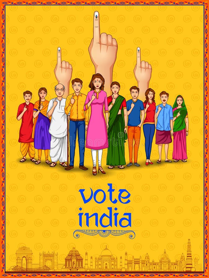 Folk av den olika religionen som visar rösta fingret för riksdagsval av Indien