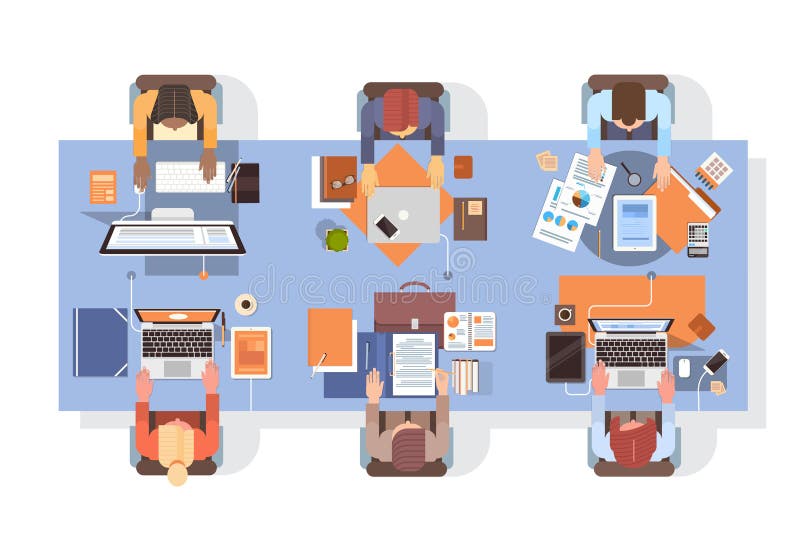 Folk som använder teamwork för sikt för vinkel för datorBusinesspeoplearbetsplats skrivbords- royaltyfri illustrationer