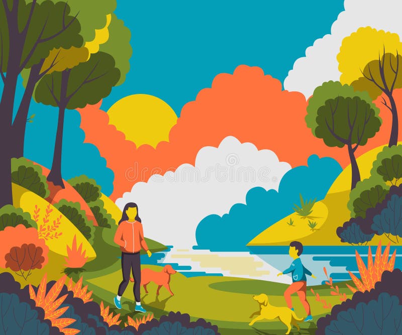 Folk som går med hundkapplöpning i parkera nära dammet stock illustrationer Folk som går med hundkapplöpning i parkera nära dammet stock illustrationer