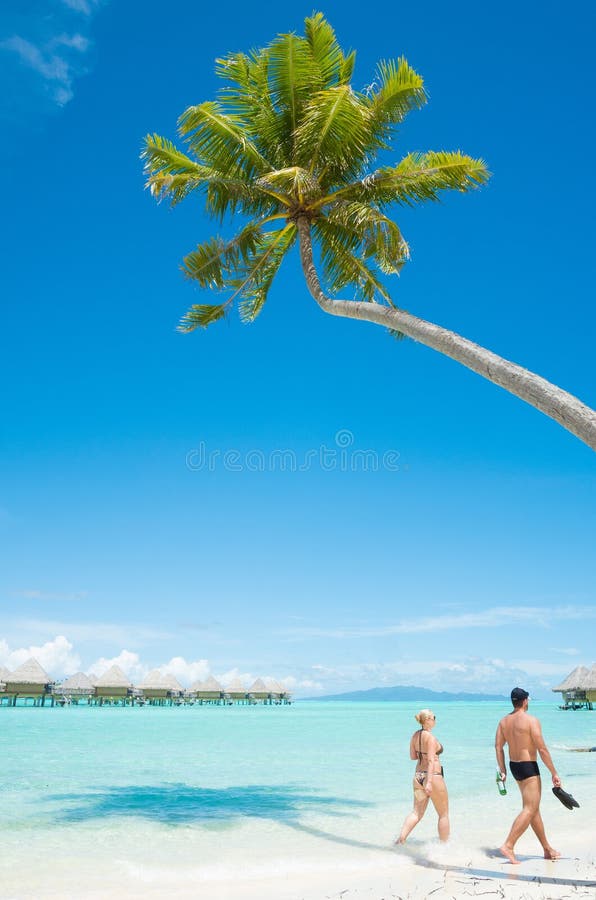 Folk som promenerar den tropiska stranden på Bora Bora royaltyfria foton Folk som promenerar den tropiska stranden på Bora Bora royaltyfria foton