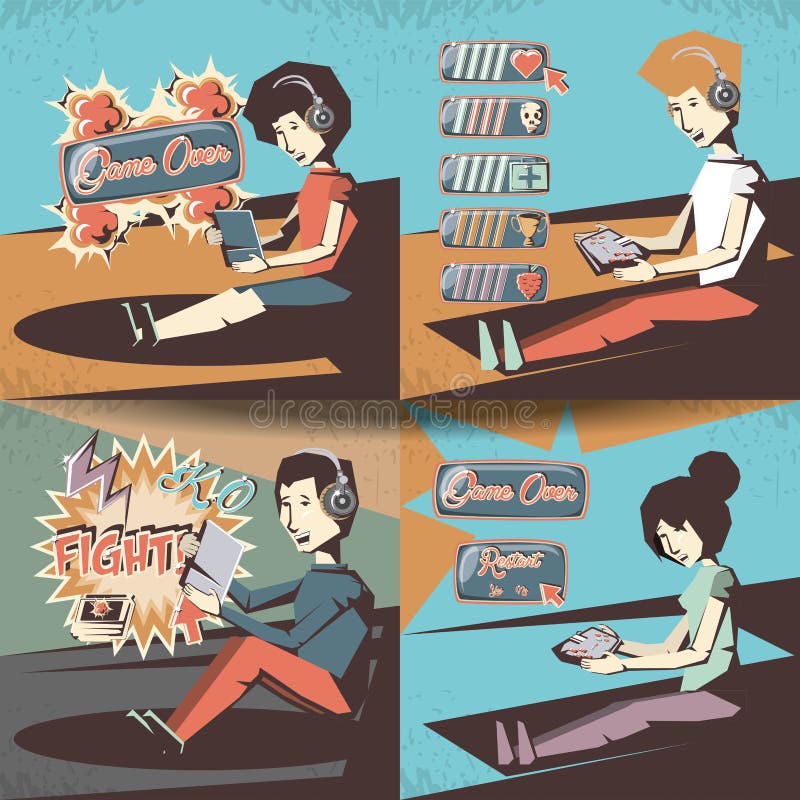 Folk som spelar den retro videospelet vektor illustrationer Folk som spelar den retro videospelet vektor illustrationer