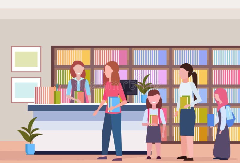 Folket i linje köar låna böcker från för den moderna den inre bokhyllan arkivbokhandeln för bibliotekarien med bokläsning vektor illustrationer Folket i linje köar låna böcker från för den moderna den inre bokhyllan arkivbokhandeln för bibliotekarien med bokläsning vektor illustrationer