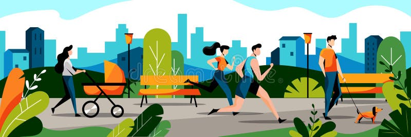 Folket i stad parkerar Plan illustration för vektor Jogga par och mamman med behandla som ett barn i sittvagn går parkerar in stock illustrationer Folket i stad parkerar Plan illustration för vektor Jogga par och mamman med behandla som ett barn i sittvagn går parkerar in stock illustrationer