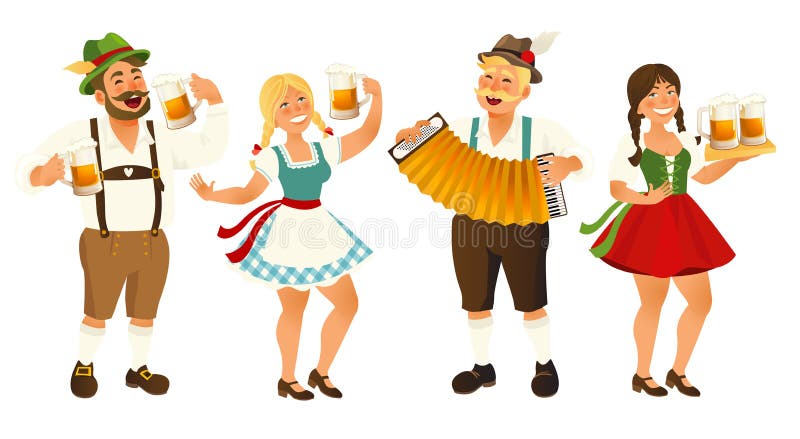 Folket i traditionell tysk, hållande öl för den bayerska dräkten rånar, Oktoberfest, tecknad filmvektorillustrationen som isolera