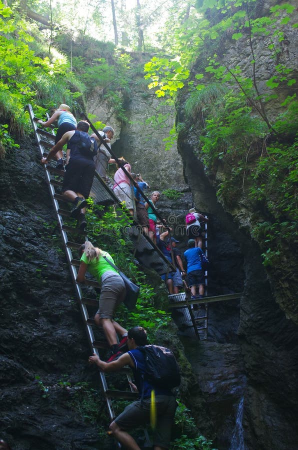 Folket klättrar i slovakiskt paradis arkivfoton Folket klättrar i slovakiskt paradis arkivfoton