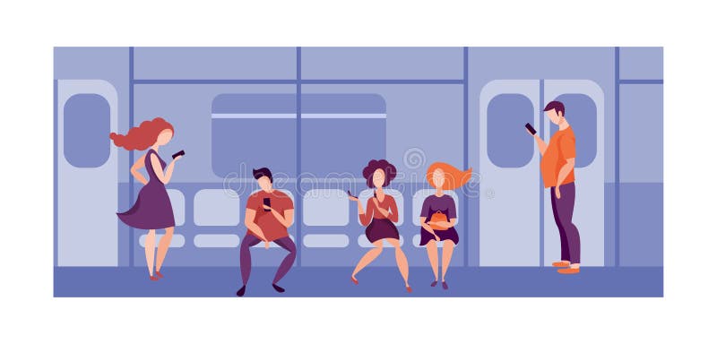 Folket som använder smartphonen transporterar offentligt, i drev Folk som reser på gångtunnelen royaltyfri illustrationer Folket som använder smartphonen transporterar offentligt, i drev Folk som reser på gångtunnelen royaltyfri illustrationer