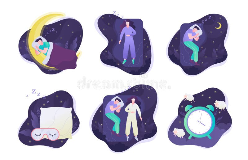 People sleep set. Person rest in the bed on the pillow late at night. Peaceful dream and relax. Vector illustration in cartoon style. People sleep set. Person rest in the bed on the pillow late at night. Peaceful dream and relax. Vector illustration in cartoon style