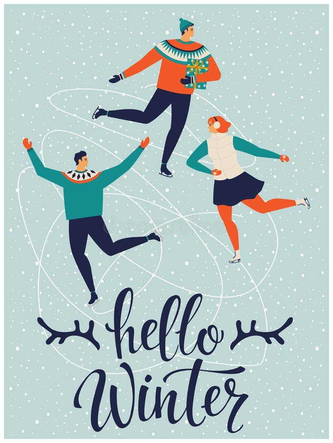 Folket åker skridskor tillsammans Hello övervintrar också vektor för coreldrawillustration stock illustrationer