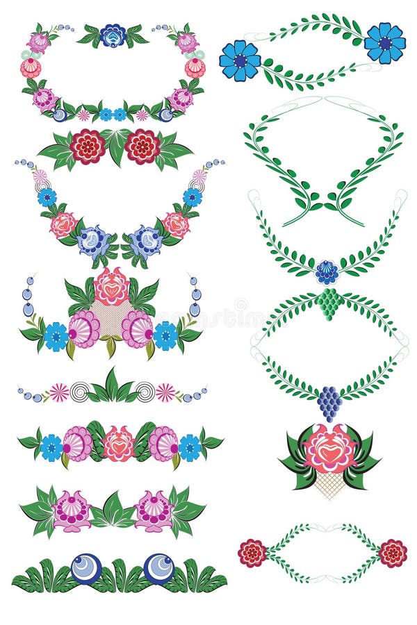 Folklore pattern, elements, Gorodets painting, Russia