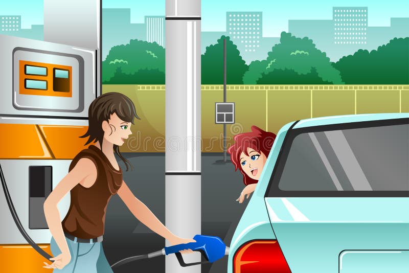 A vector illustration of a young woman filling up gasoline at the gas station. A vector illustration of a young woman filling up gasoline at the gas station