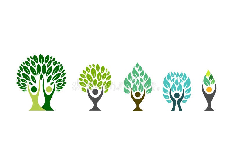 Folkträdlogo, wellnesssymbol, vektor för fastställd design för symbol för kondition sund royaltyfri illustrationer